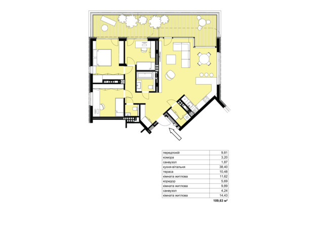 ЖК Central Park: планування 3-кімнатної квартири 109.63 м²