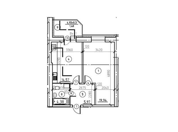 ЖК Еспланада: планування 1-кімнатної квартири 46.4 м²
