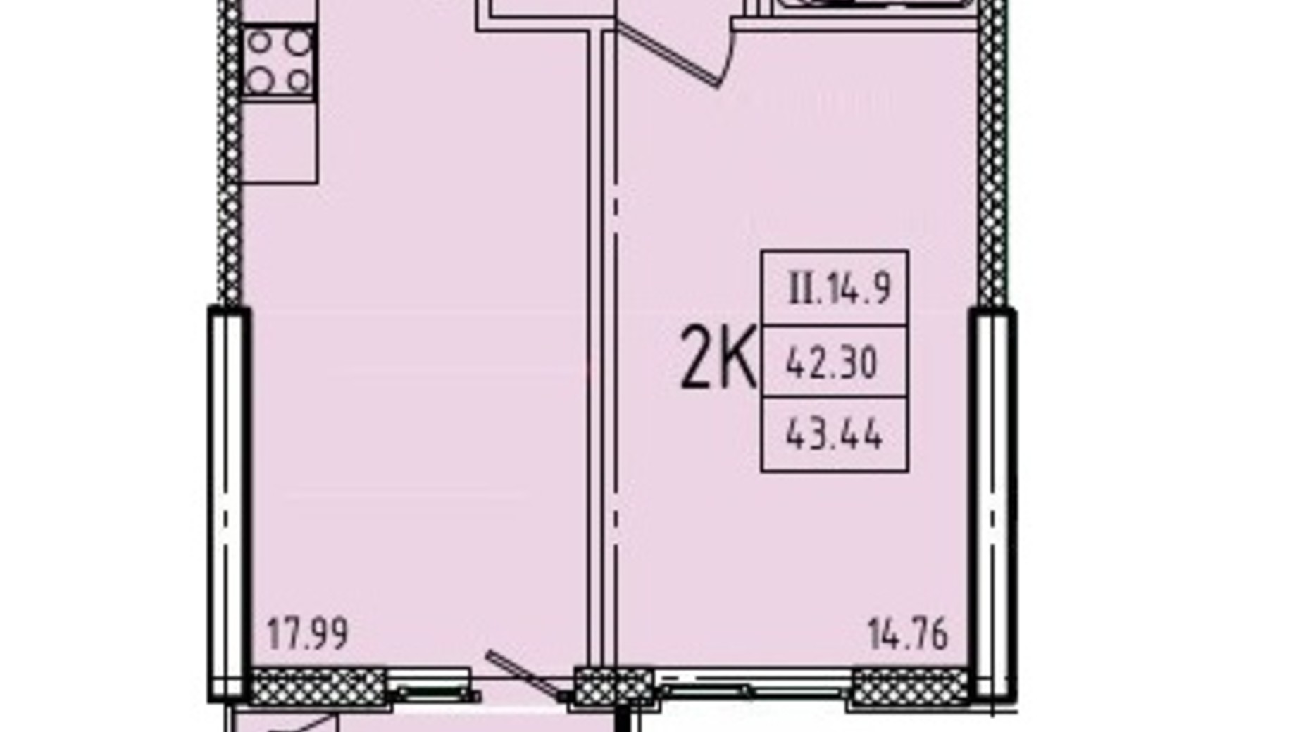 Планування 1-кімнатної квартири в ЖК Еллада 43.44 м², фото 692153