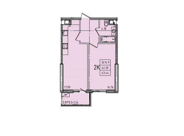 ЖК Эллада: планировка 1-комнатной квартиры 43.44 м²