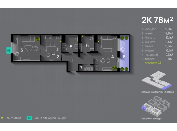 ЖК Manhattan Up: планування 2-кімнатної квартири 78 м²