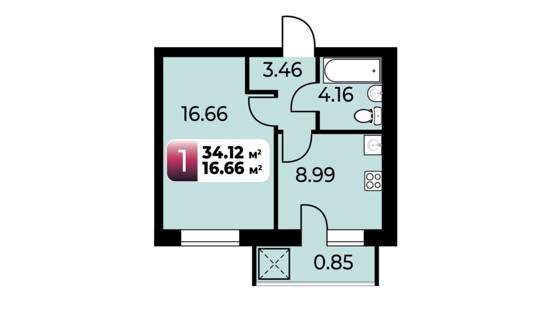 Планування 1-кімнатної квартири в ЖК Софіївський Партал 34.12 м², фото 692487