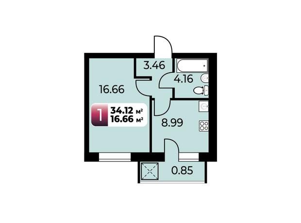 ЖК Софиевский Партал: планировка 1-комнатной квартиры 34.12 м²