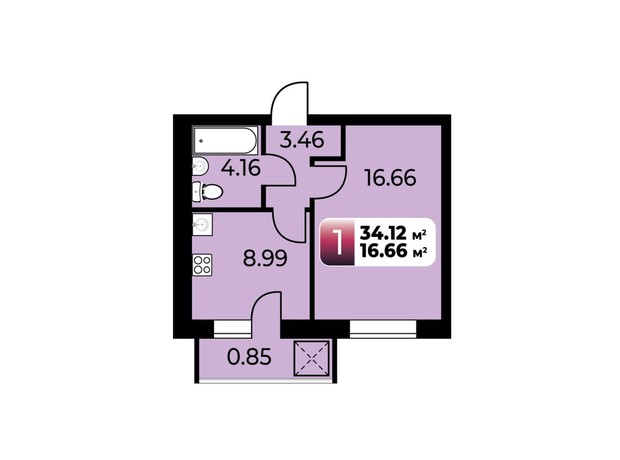 ЖК Софіївський Партал: планування 1-кімнатної квартири 34.12 м²