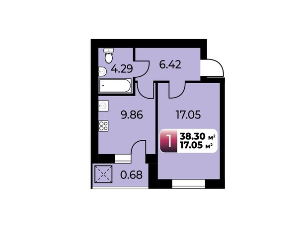 ЖК Софиевский Партал: планировка 1-комнатной квартиры 38.3 м²