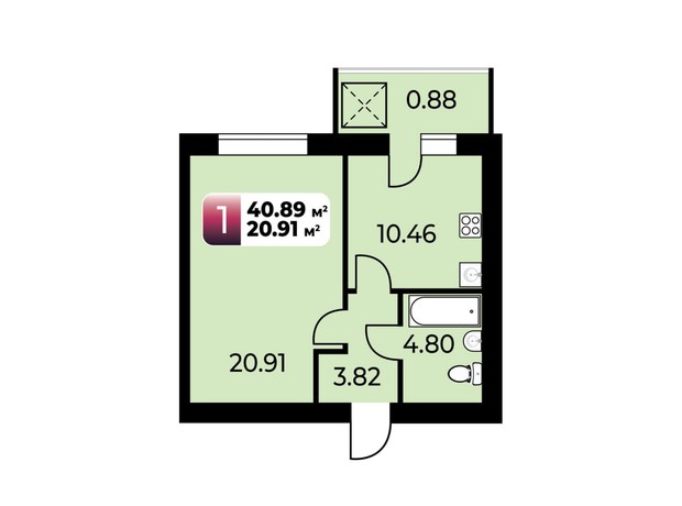 ЖК Софиевский Партал: планировка 1-комнатной квартиры 40.89 м²