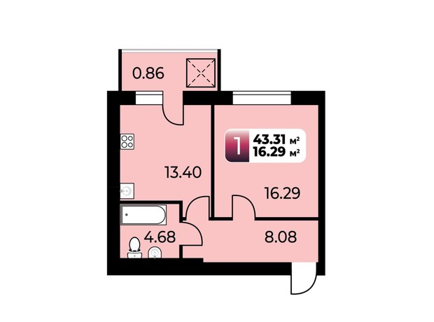 ЖК Софіївський Партал: планування 1-кімнатної квартири 43.31 м²