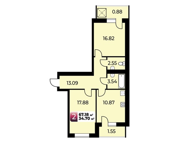 ЖК Софіївський Партал: планування 2-кімнатної квартири 67.18 м²