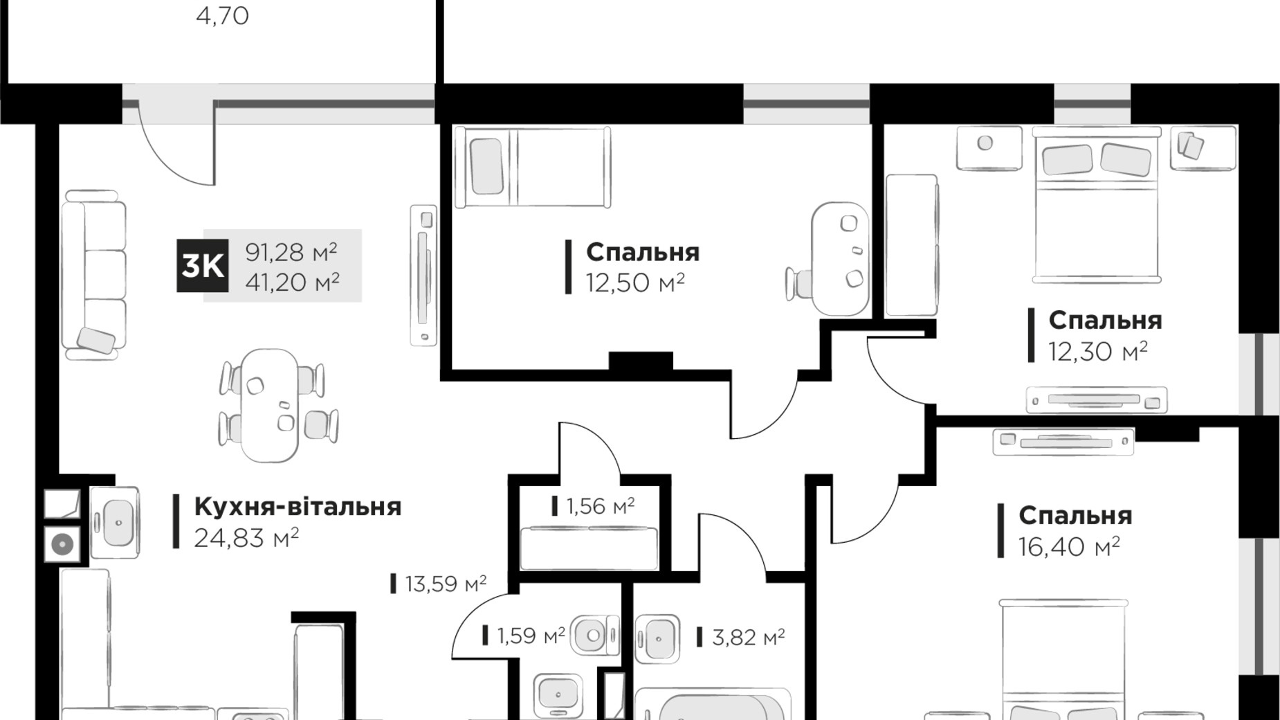 Планування 3-кімнатної квартири в ЖК HYGGE lux 91.28 м², фото 692545