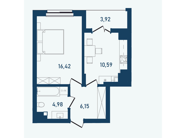 ЖК Престижний 2: планування 1-кімнатної квартири 42.27 м²