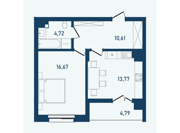 ЖК Престижний 2: планування 1-кімнатної квартири 50.56 м²