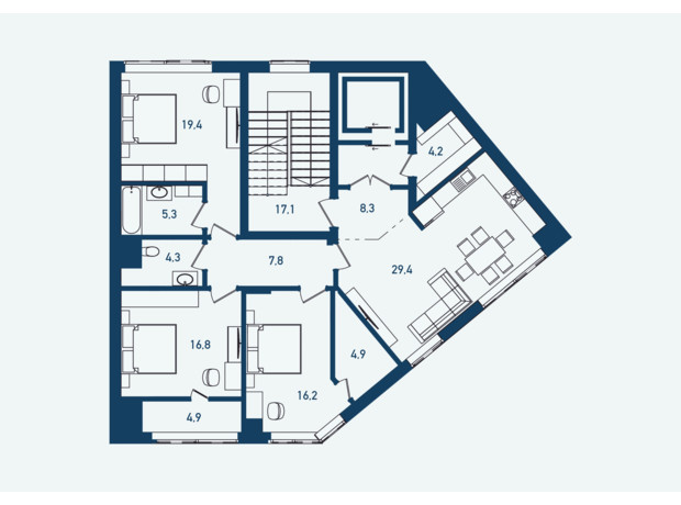 ЖК Престижний 2: планування 4-кімнатної квартири 122 м²