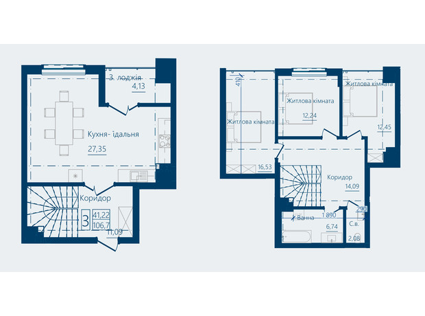 ЖК Престижний 2: планування 3-кімнатної квартири 106.7 м²