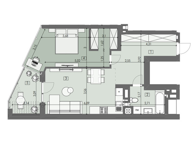 ЖК London House: планування 1-кімнатної квартири 62.13 м²