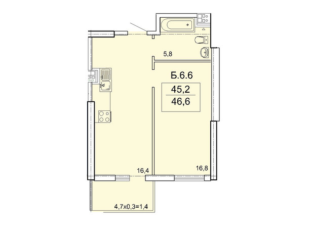 ЖК Акрополь: планування 1-кімнатної квартири 46.6 м²