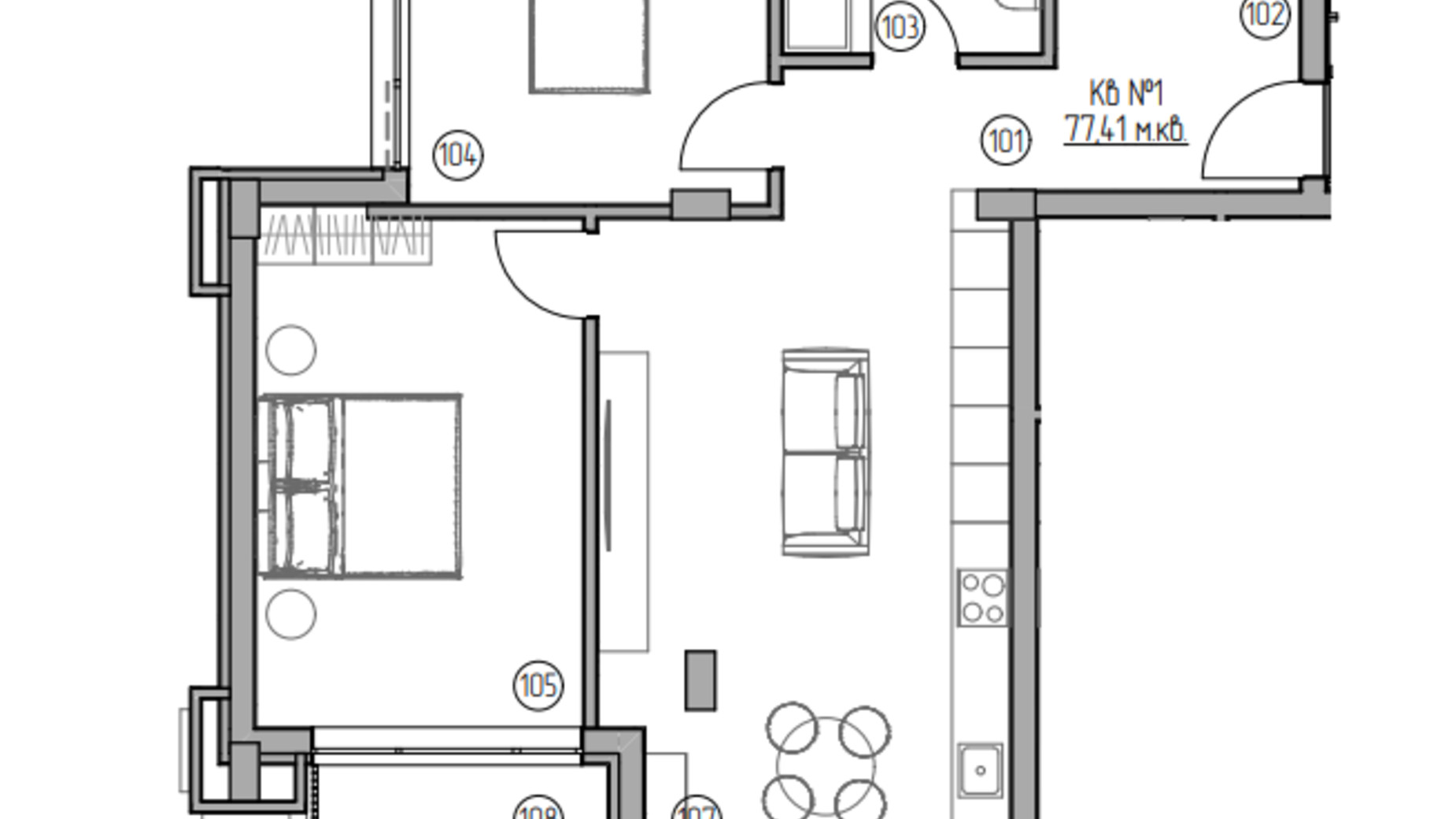 Планування 2-кімнатної квартири в ЖК Panorama 76.7 м², фото 693035