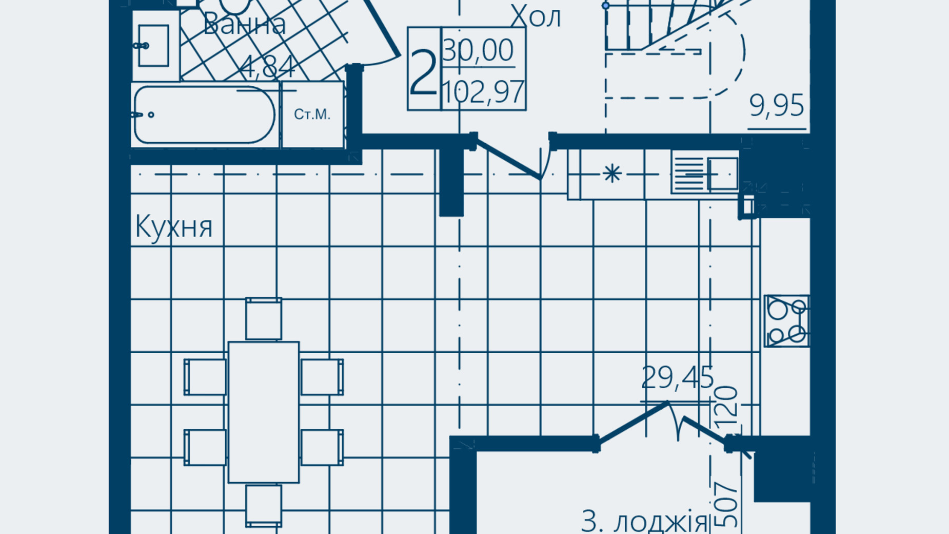 Планировка 2-комнатной квартиры в ЖК Престижный 2 102.97 м², фото 693106