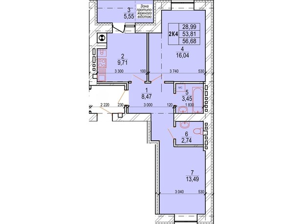 ЖК Озерный: планировка 2-комнатной квартиры 56.68 м²