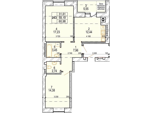 ЖК Озерный: планировка 2-комнатной квартиры 60.96 м²