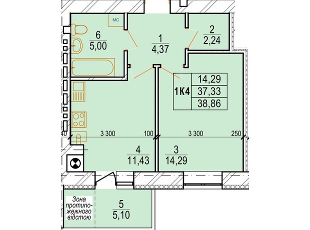 ЖК Озерний: планування 1-кімнатної квартири 39.64 м²