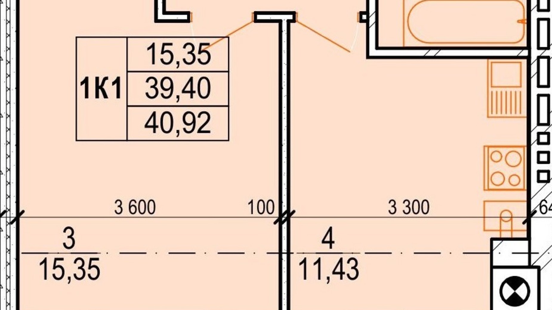 Планировка 1-комнатной квартиры в ЖК Озерный 40.92 м², фото 693447