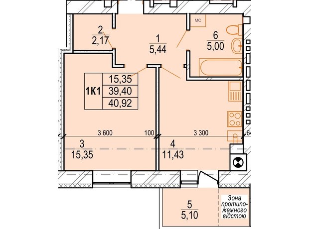 ЖК Озерний: планування 1-кімнатної квартири 40.92 м²