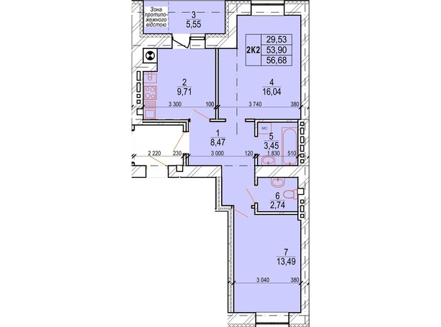 ЖК Озерный: планировка 2-комнатной квартиры 56.68 м²