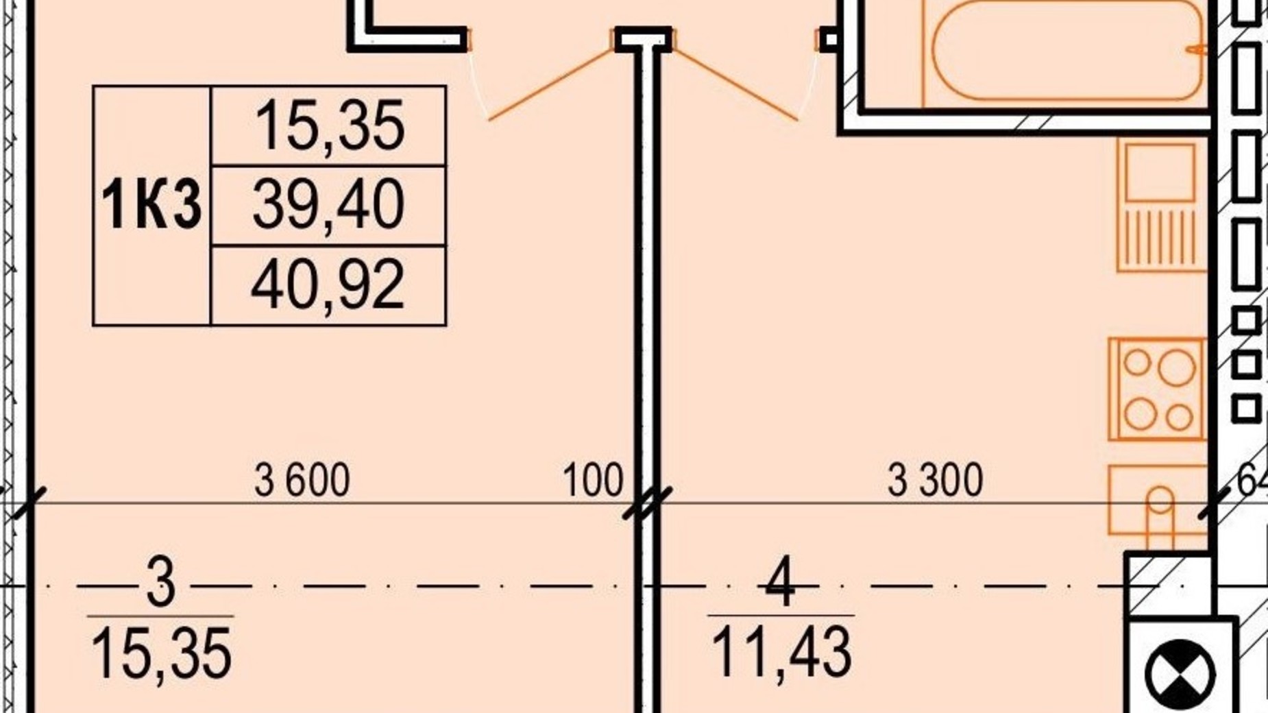 Планування 1-кімнатної квартири в ЖК Озерний 40.92 м², фото 693450