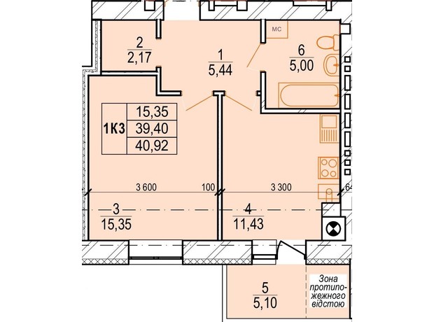 ЖК Озерний: планування 1-кімнатної квартири 40.92 м²