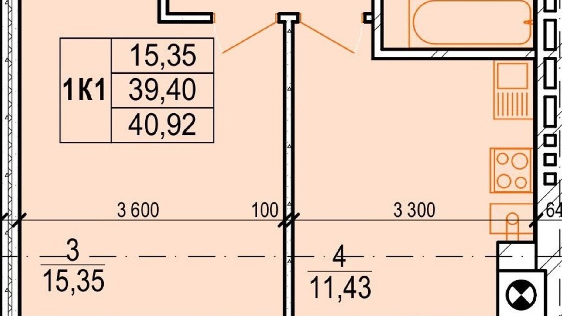 Планировка 1-комнатной квартиры в ЖК Озерный 40.92 м², фото 693454