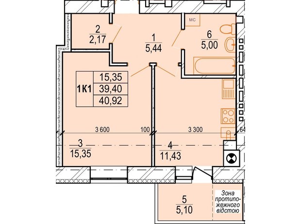 ЖК Озерний: планування 1-кімнатної квартири 40.92 м²