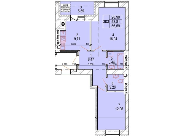 ЖК Озерный: планировка 2-комнатной квартиры 56.59 м²