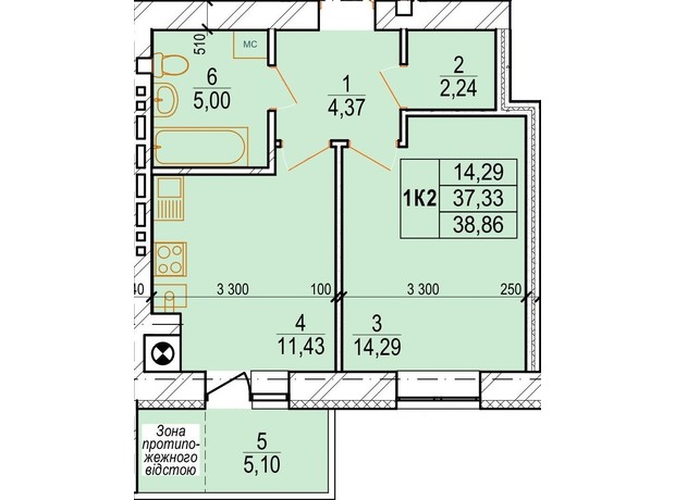 ЖК Озерний: планування 1-кімнатної квартири 39.64 м²
