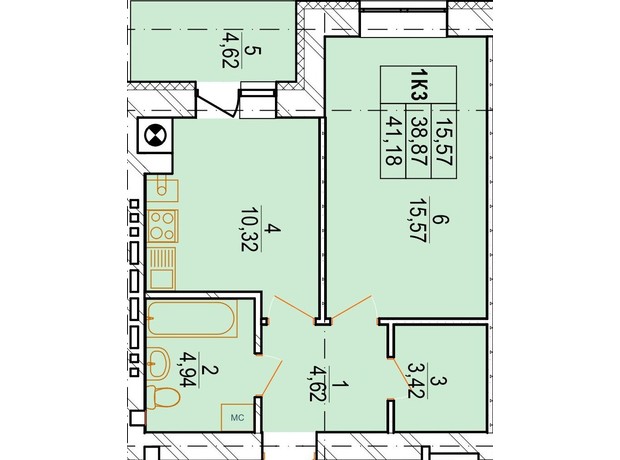 ЖК Озерний: планування 1-кімнатної квартири 41.84 м²