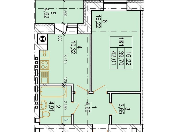 ЖК Озерний: планування 1-кімнатної квартири 42.01 м²