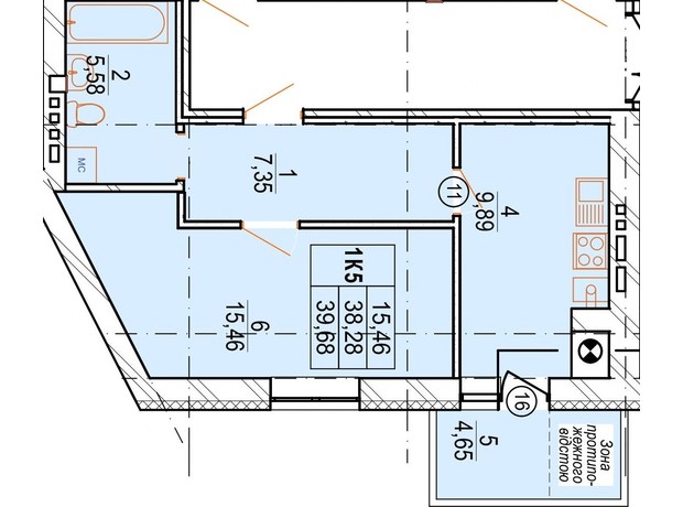 ЖК Озерний: планування 1-кімнатної квартири 38.76 м²