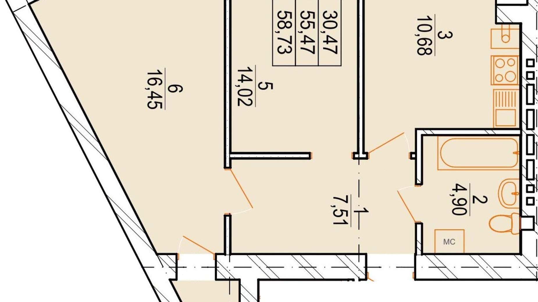 Планировка 2-комнатной квартиры в ЖК Озерный 57.49 м², фото 693462