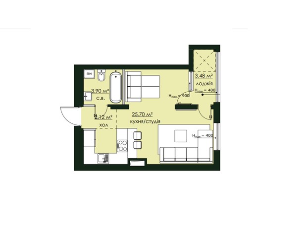 ЖК Бетховен: планування 1-кімнатної квартири 35.2 м²