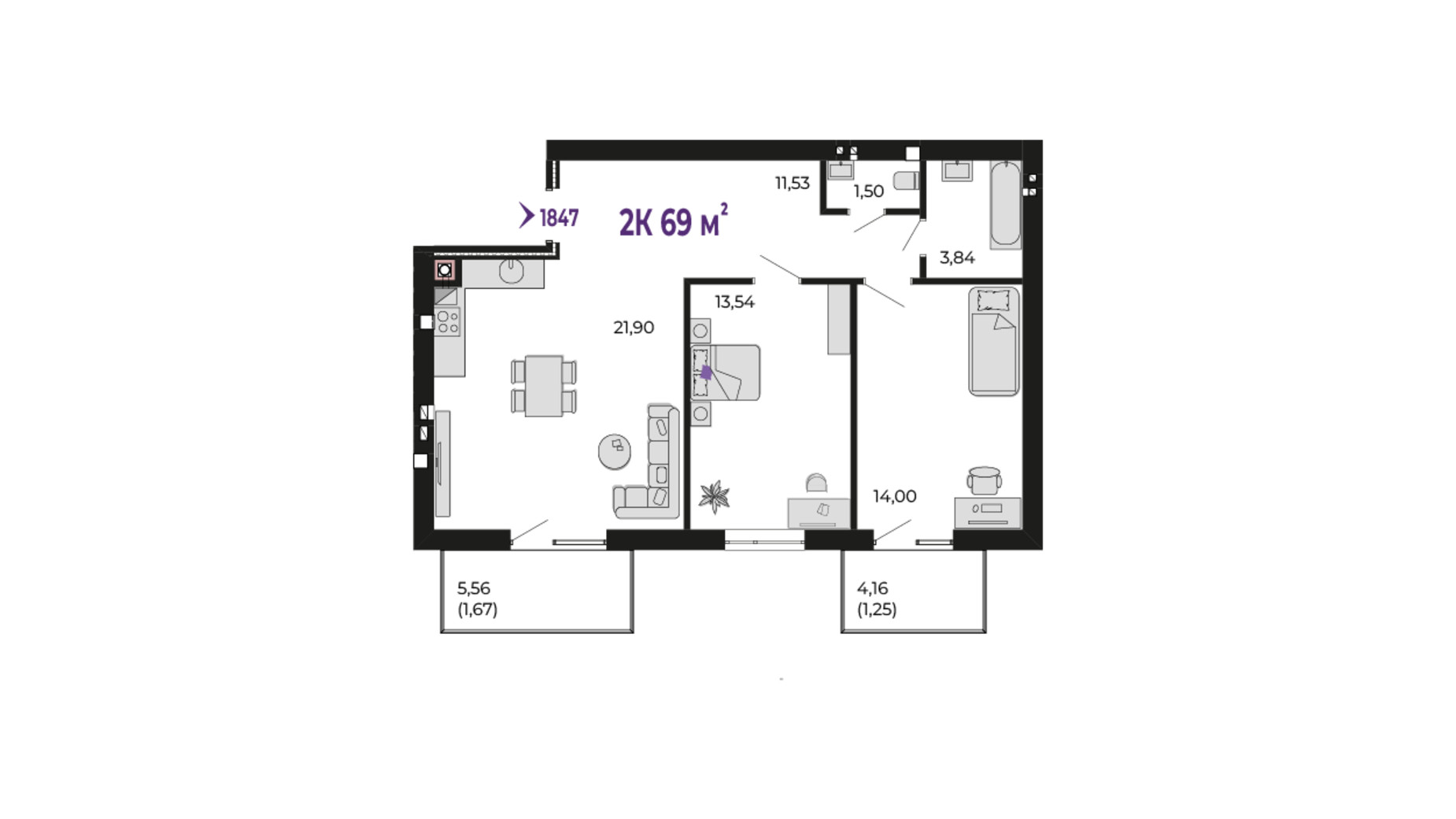 Планировка 2-комнатной квартиры в ЖК Долішній 69 м², фото 693562