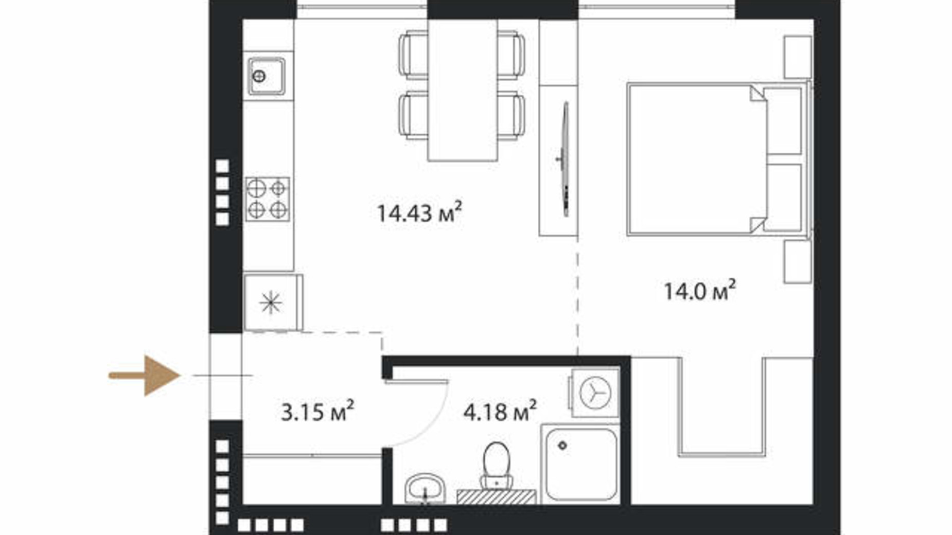 Планировка 1-комнатной квартиры в ЖК Grand Hills 34 м², фото 694048