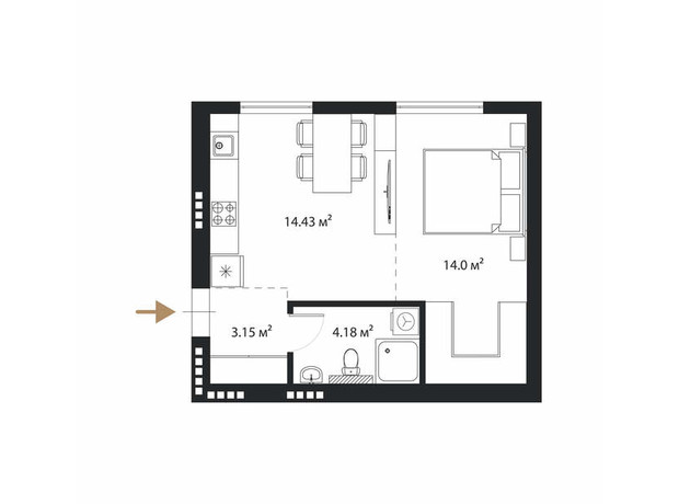 ЖК Grand Hills: планировка 1-комнатной квартиры 34 м²