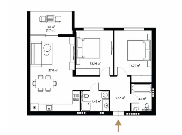 ЖК Grand Hills: планування 2-кімнатної квартири 74 м²