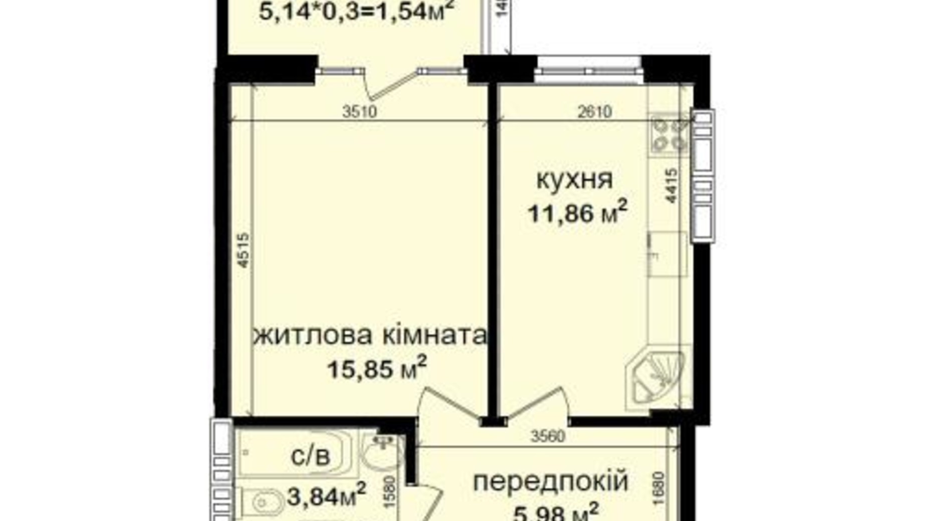 Планировка 1-комнатной квартиры в ЖК Кришталеві джерела 39.07 м², фото 694141