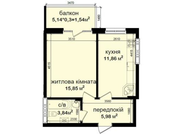 ЖК Кришталеві джерела: планировка 1-комнатной квартиры 39.07 м²