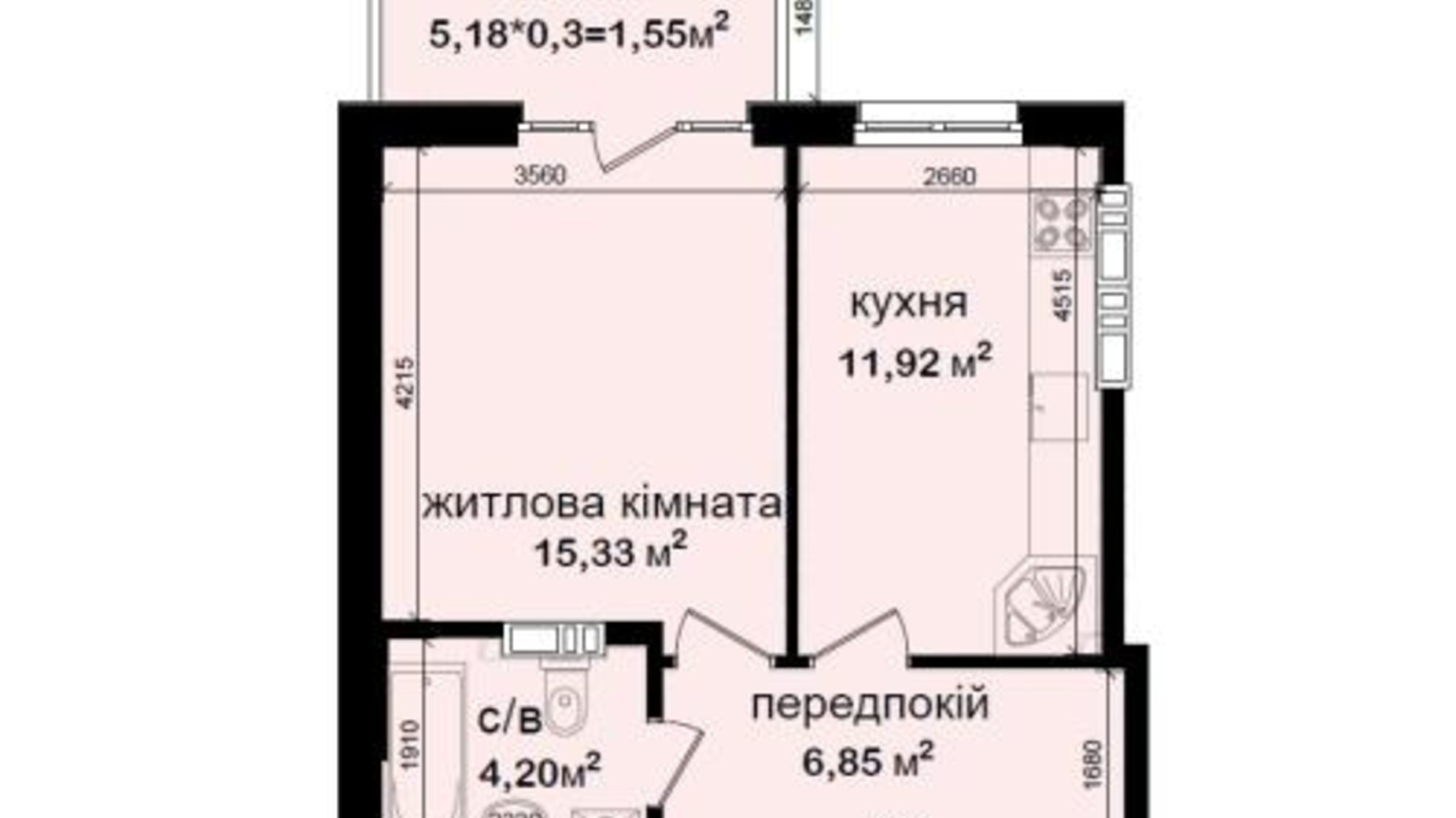 Планировка 1-комнатной квартиры в ЖК Кришталеві джерела 39.85 м², фото 694142