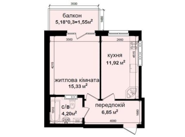 ЖК Кришталеві джерела: планування 1-кімнатної квартири 39.85 м²