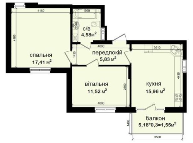 ЖК Кришталеві джерела: планировка 2-комнатной квартиры 56.85 м²