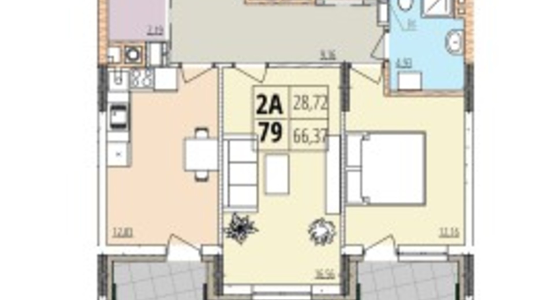 Планировка 2-комнатной квартиры в ЖК Кельце 66.37 м², фото 694184
