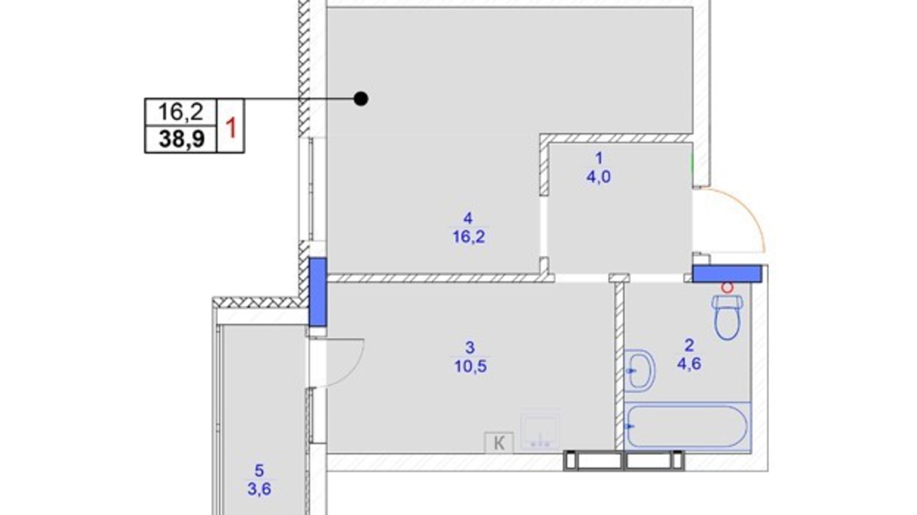 Планировка 1-комнатной квартиры в ЖК Садочок 38.9 м², фото 694278