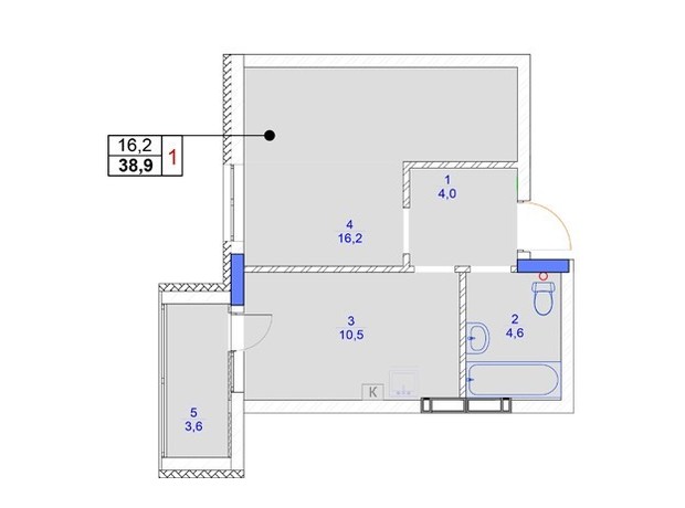 ЖК Садочок: планування 1-кімнатної квартири 38.9 м²